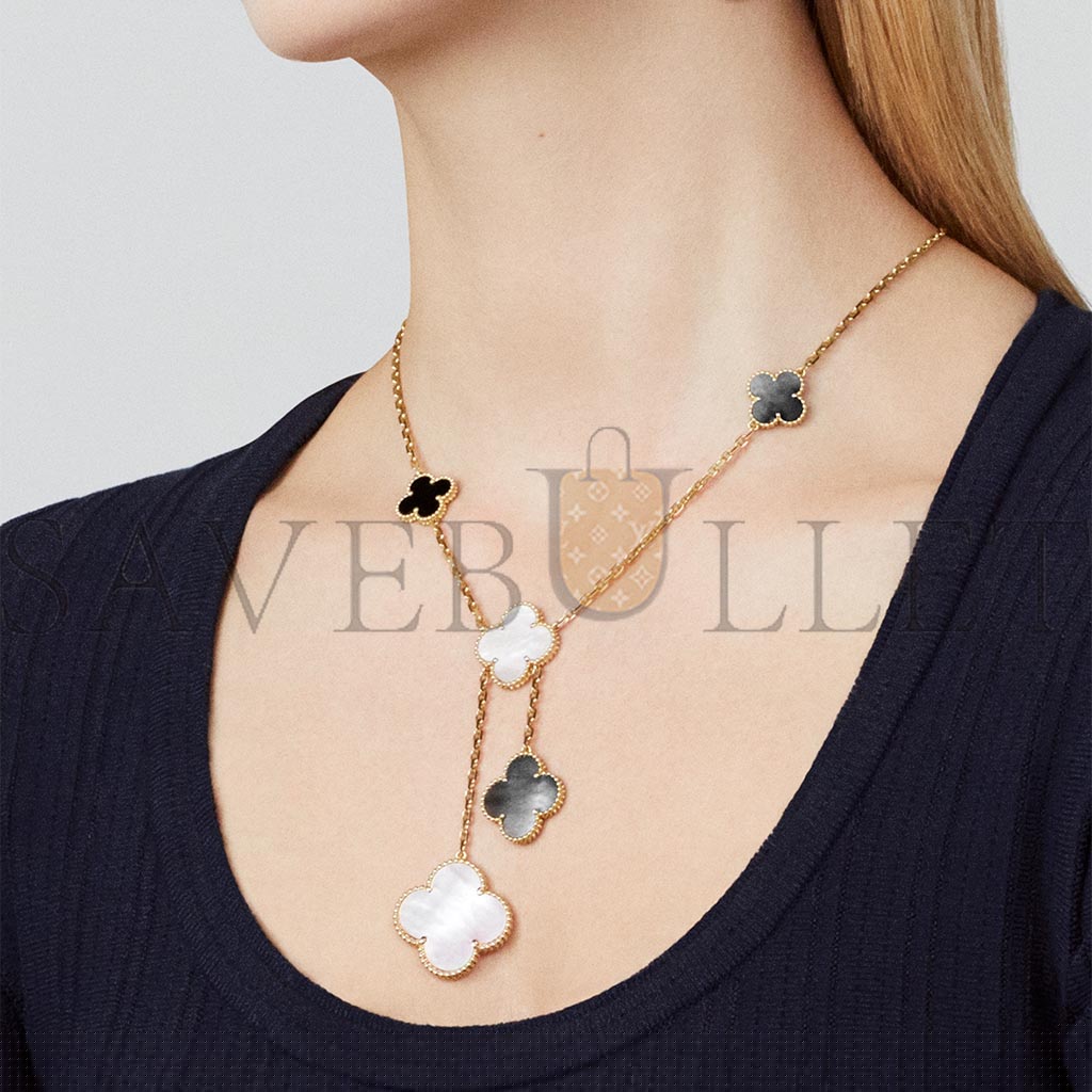 V*N CL*F arpels magic alhambra necklace, 6 motifs - yellow gold, mother-of-pearl, onyx  vcard79200